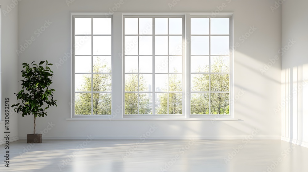 A minimalist window with a large glass pane, surrounded by smooth white walls. A minimalist window with a large glass pane, surrounded by smooth white walls.