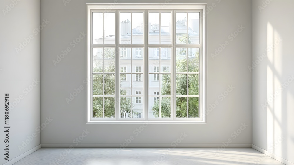 Fototapeta premium A minimalist window with a large glass pane, surrounded by smooth white walls.