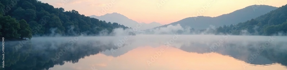 Obraz premium Soft white mist rises from a serene lake at dawn, calm, nature, water