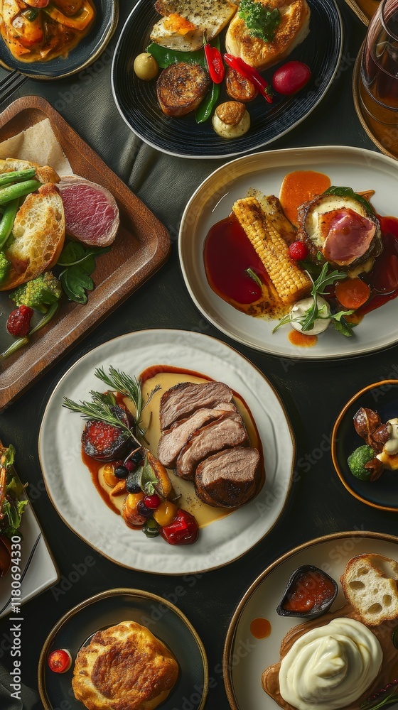 Capture a realistic gourmet scene with perfectly plated dishes, rich textures, and vibrant colors that showcase the artistry and elegance of fine dining. Capture a realistic gourmet scene with perfectly plated dishes, rich textures, and vibrant colors that showcase the artistry and elegance of fine dining.