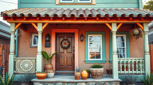 A stucco house with a terracotta-colored facade, teal trim, and an orange-accented porch.  The porch features light green columns, a tiled roof, and potted plants. The front door is dark brown wood.