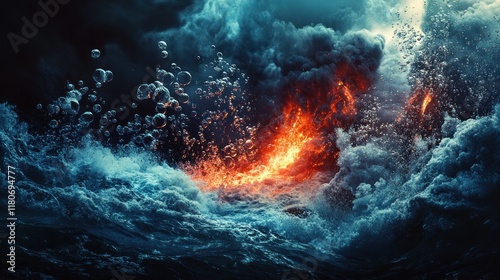 Fiery inferno clashes with stormy ocean, apocalyptic scene. photo