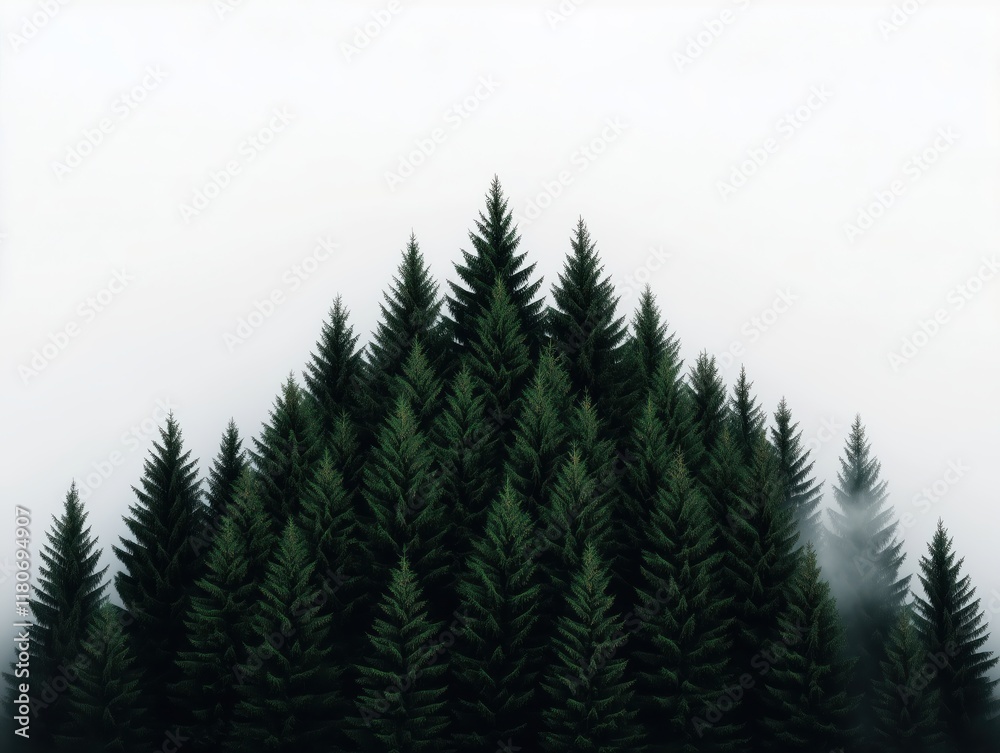 Fototapeta premium Dense green pine forest covered in mist creating a tranquil and mysterious atmosphere