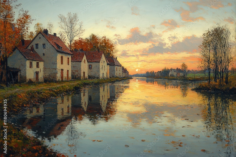 Fototapeta premium Autumn sunset over canal-side village; reflected colors.
