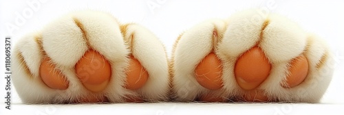 Close-up of two fluffy cat paws with orange pads. photo