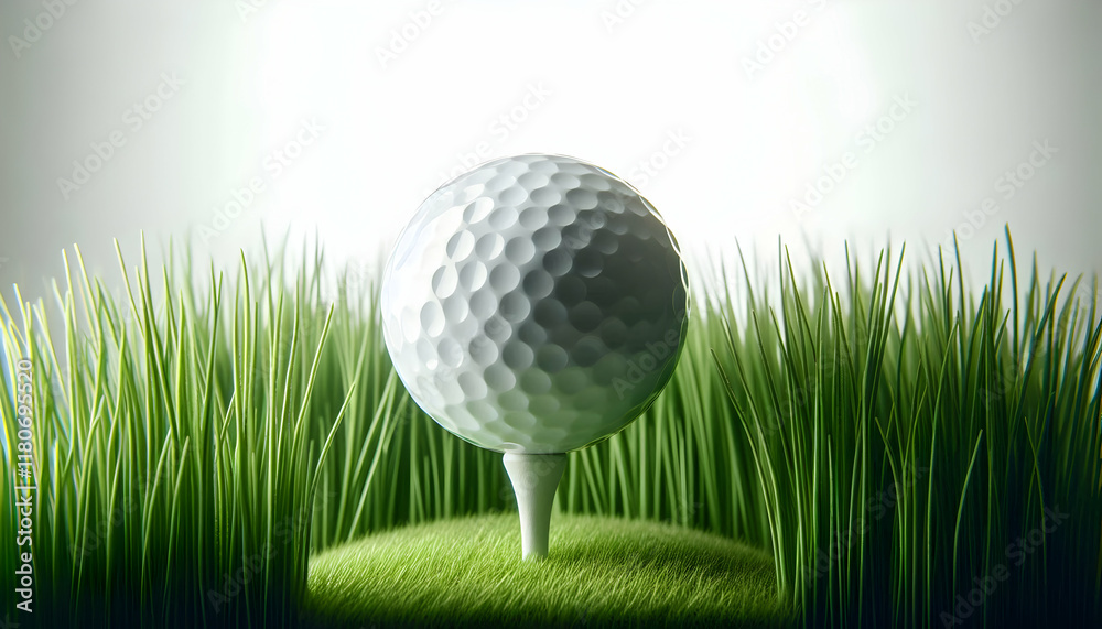 Golf A white golf ball resting gently on a white tee, with lush green grass framing the scene The plain w2 Golf A white golf ball resting gently on a white tee, with lush green grass framing the scene The plain w2