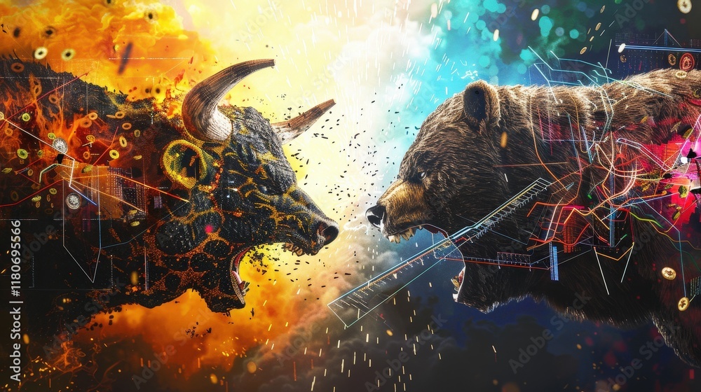 Dynamic Bull And Bear Clash In Fiery Colors And Futuristic Style Dynamic Bull And Bear Clash In Fiery Colors And Futuristic Style