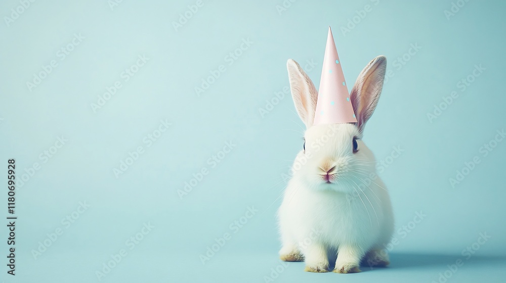 Obraz premium Cute white bunny wearing a pink party hat against a light blue background.
