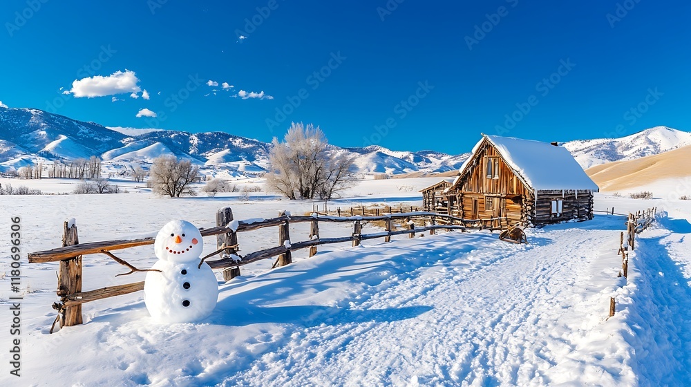 Panoramic view of happy snowman in winter, Joyful Winter Scene with a Snowman Near a Rustic Cabin Surrounded by Snow-Covered Mountains and a Clear Blue Sky Panoramic view of happy snowman in winter, Joyful Winter Scene with a Snowman Near a Rustic Cabin Surrounded by Snow-Covered Mountains and a Clear Blue Sky