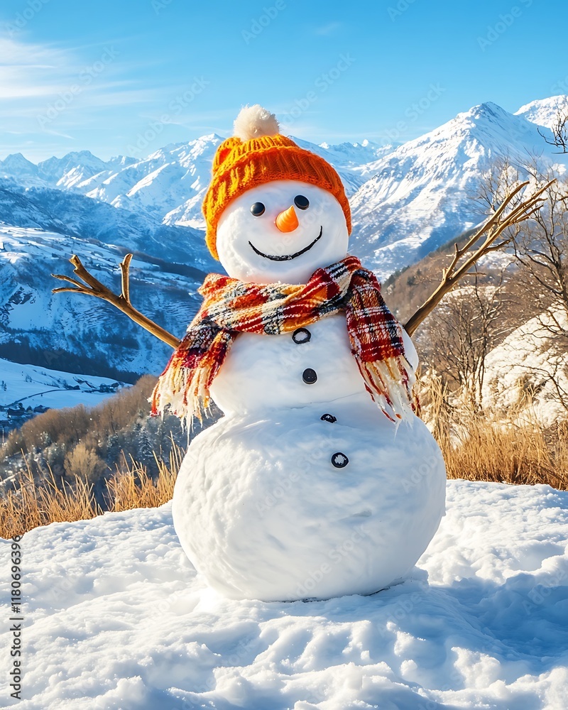 Obraz premium Panoramic view of happy snowman in winter, Happy Snowman Surrounded by Scenic Winter Landscape with Majestic Mountains and Clear Blue Sky, Perfect for Holiday and Seasonal Themes