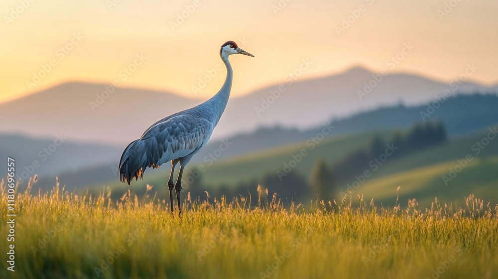 Fototapeta premium Common crane standing in a grassy field at sunset, mountains in the background.