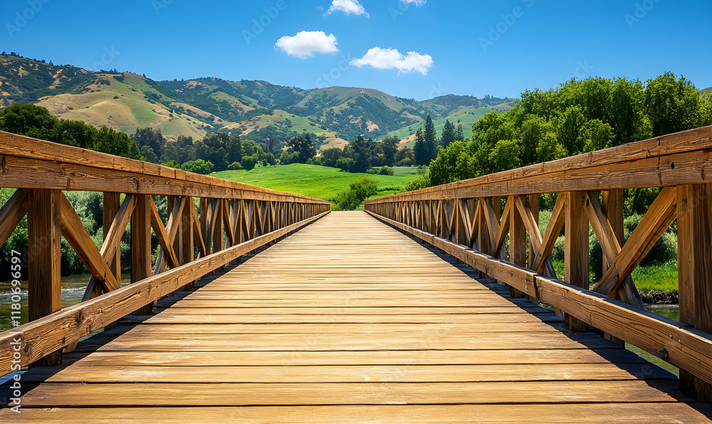 Tranquil wooden bridge leading to scenic valley, bright sunlight, idyllic summer landscape. Tranquil wooden bridge leading to scenic valley, bright sunlight, idyllic summer landscape.