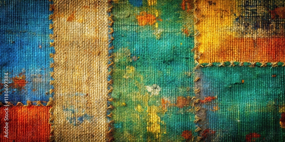 Vibrant Tapestry of Hand-Stitched Fabric Patches, Showing a Rich Blend of Colors and Textures, with Visible Wear and Tear, Creating an Antique Aesthetic Vibrant Tapestry of Hand-Stitched Fabric Patches, Showing a Rich Blend of Colors and Textures, with Visible Wear and Tear, Creating an Antique Aesthetic