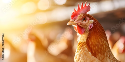 Bright close up portrait of a vibrant red rooster standing in a farmyard backlit by warm glowing sunlight with a blurred natural background  The rooster s distinctive comb beak photo