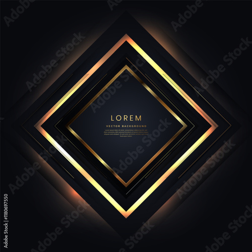 Abstract luxury gold square lines frame on black background and glowing ligthting effect. photo