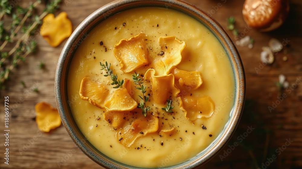 Creamy Pumpkin Soup with Chanterelle Mushrooms and Thyme Creamy Pumpkin Soup with Chanterelle Mushrooms and Thyme