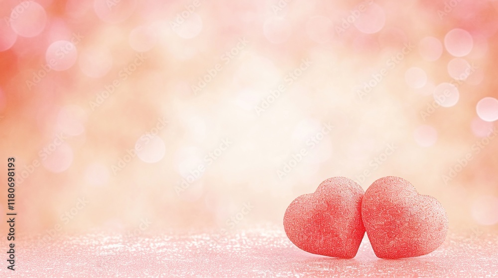 Obraz premium Two red hearts on a pink glitter background with copy space, a soft-focus and pastel color palette for a realistic Happy Valentine's Day banner template in high resolution. 