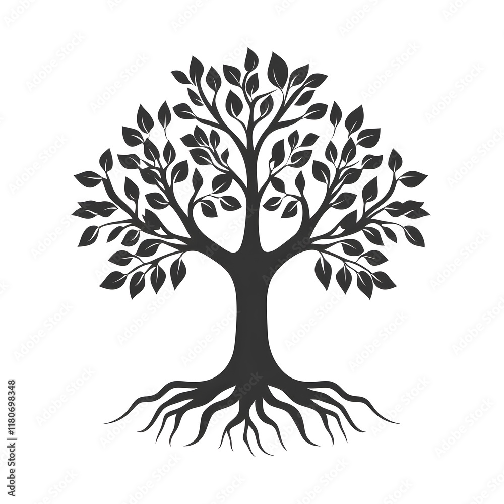 Black Silhouette of Tree with Branches, Leaves, and Roots on White Background Black Silhouette of Tree with Branches, Leaves, and Roots on White Background