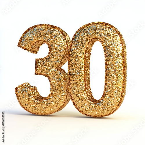 Metallic shiny number 30, gold-toned and glittering, set against white. photo