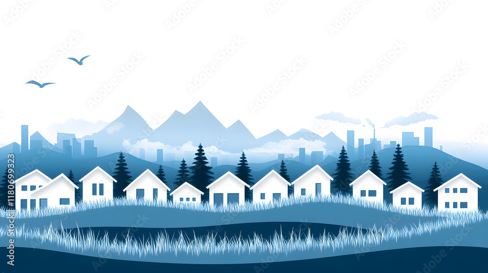 Naklejka premium Sustainable housing development urban landscape graphic illustration eco-friendly environment aerial view carbon neutrality