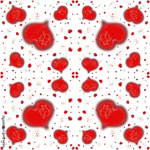 seamless pattern with red hearts and hippopotamus on white background.