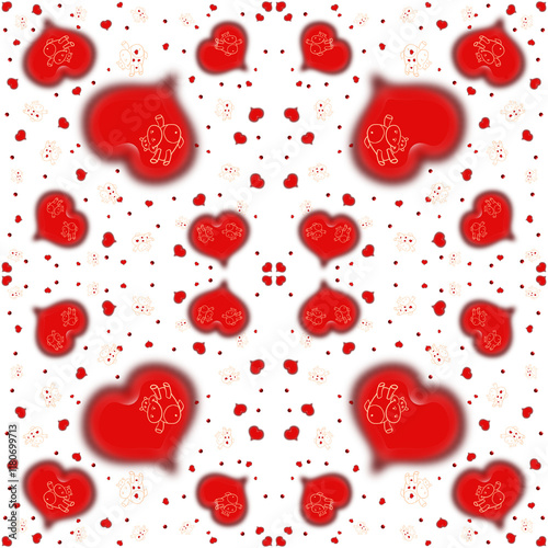 seamless pattern with red hearts and hippopotamus on white background.