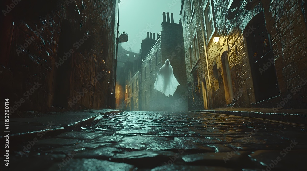 A ghostly white specter silently glides through a dimly lit cobblestone street on a mysterious ominous Halloween night creating an atmosphere of haunting supernatural mystery and foreboding A ghostly white specter silently glides through a dimly lit cobblestone street on a mysterious ominous Halloween night creating an atmosphere of haunting supernatural mystery and foreboding