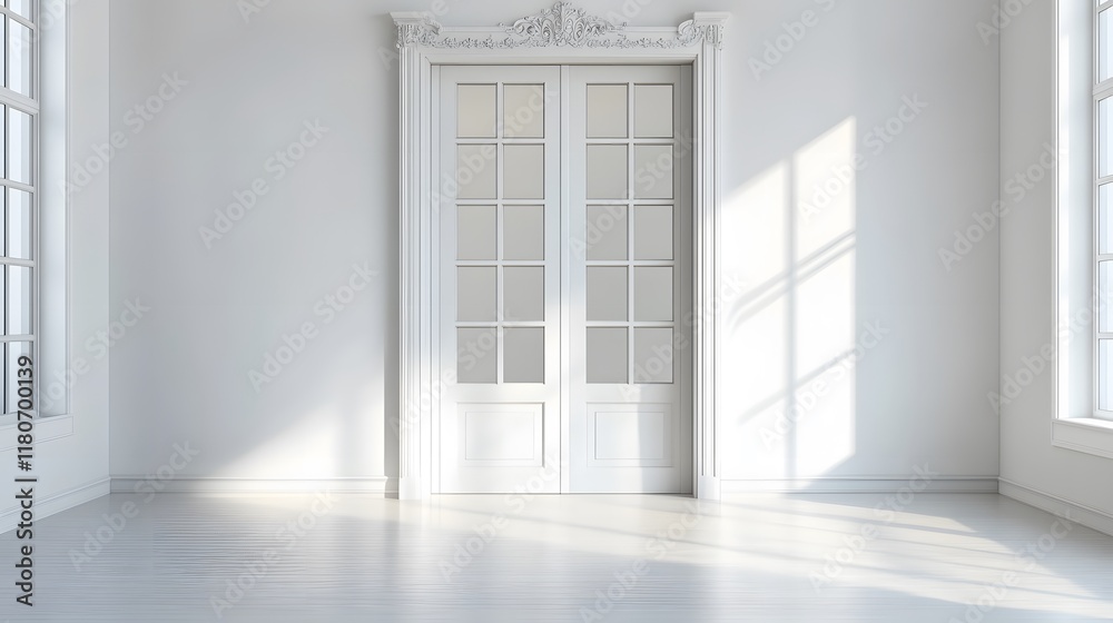 Obraz premium A classic glass door with decorative trim, leading into a bright and airy white room.