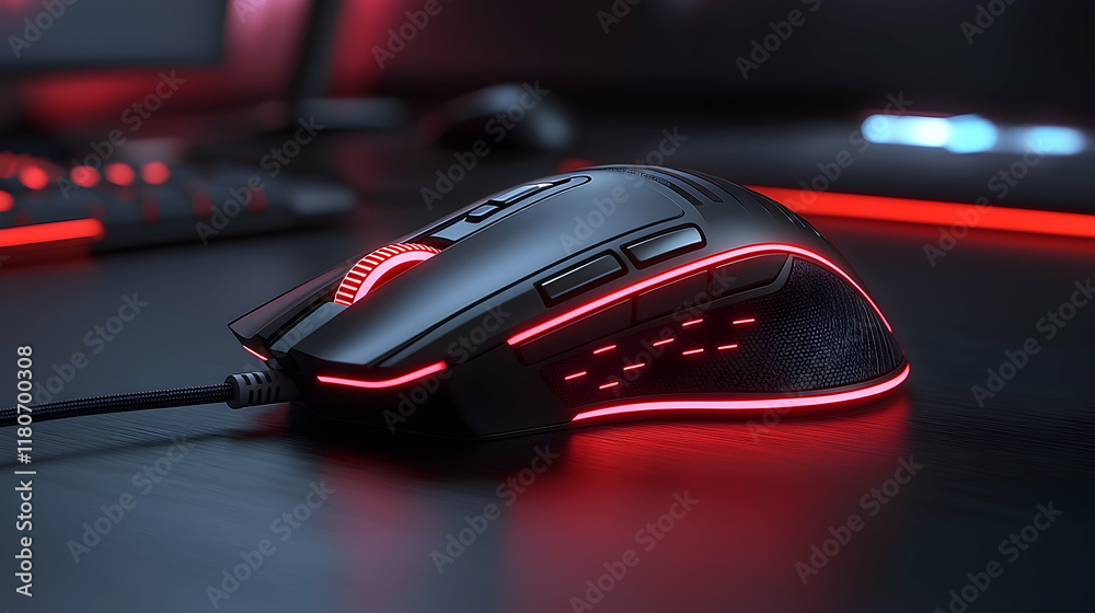 High-performance gaming mouse on a dark desk with glowing red accents, surrounded by gaming peripherals. High-performance gaming mouse on a dark desk with glowing red accents, surrounded by gaming peripherals.