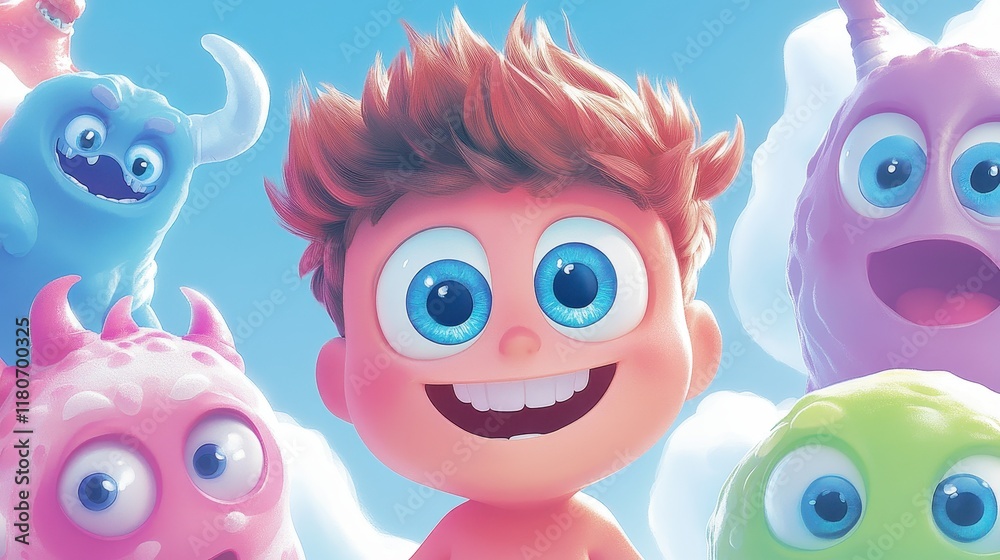 Fototapeta premium A cartoon boy is smiling and surrounded by a group of monsters