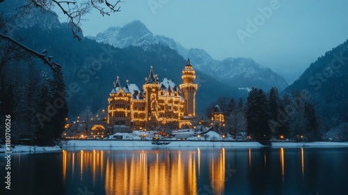 A majestic mountain castle, illuminated by thousands of Christmas lights, overlooking a peaceful lake photo