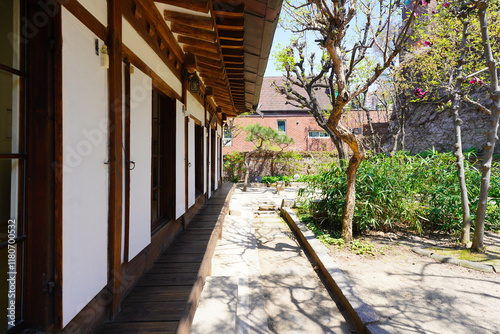 Beautiful traditional Korean wooden architecture, showcasing the elegance of Hanok style buildings. photo