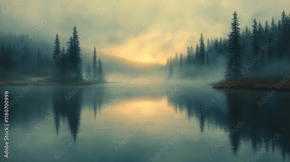 Fototapeta premium Misty sunrise, tranquil lake, reflecting pines.