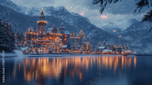 A majestic mountain castle, illuminated by thousands of Christmas lights, overlooking a peaceful lake photo