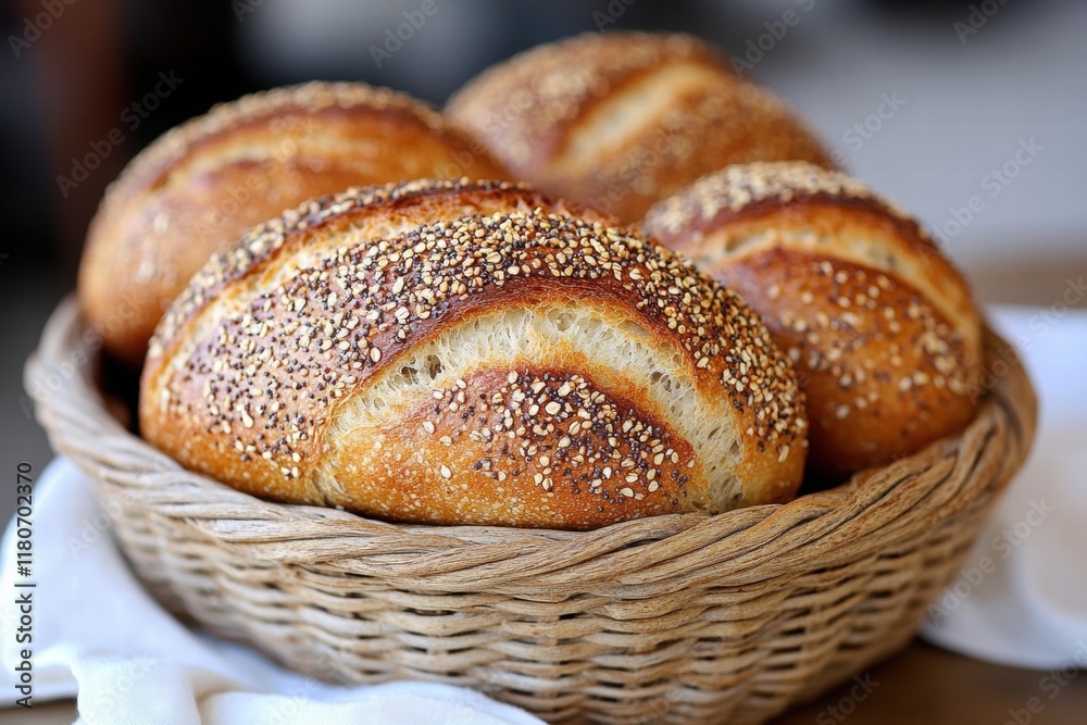 Freshly Baked Sesame Bread Rolls in a Rustic Woven Basket Freshly Baked Sesame Bread Rolls in a Rustic Woven Basket