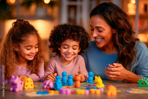 Happy latin family playing board game at home