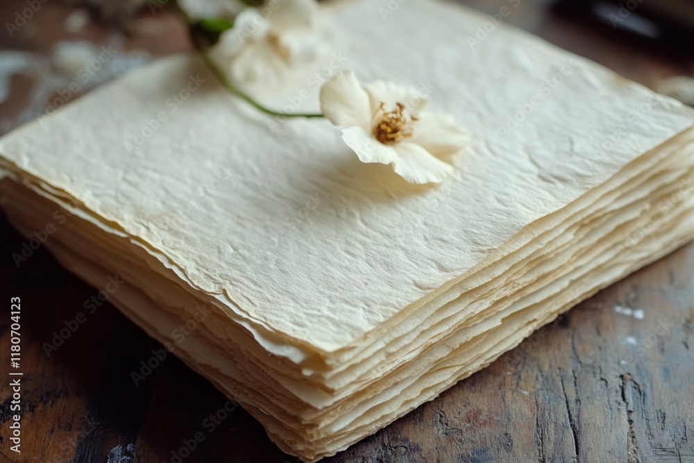 Delicate White Flower on Stacked Handmade Paper Delicate White Flower on Stacked Handmade Paper