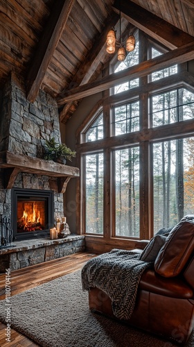 Cozy cabin living room with fireplace, forest view photo