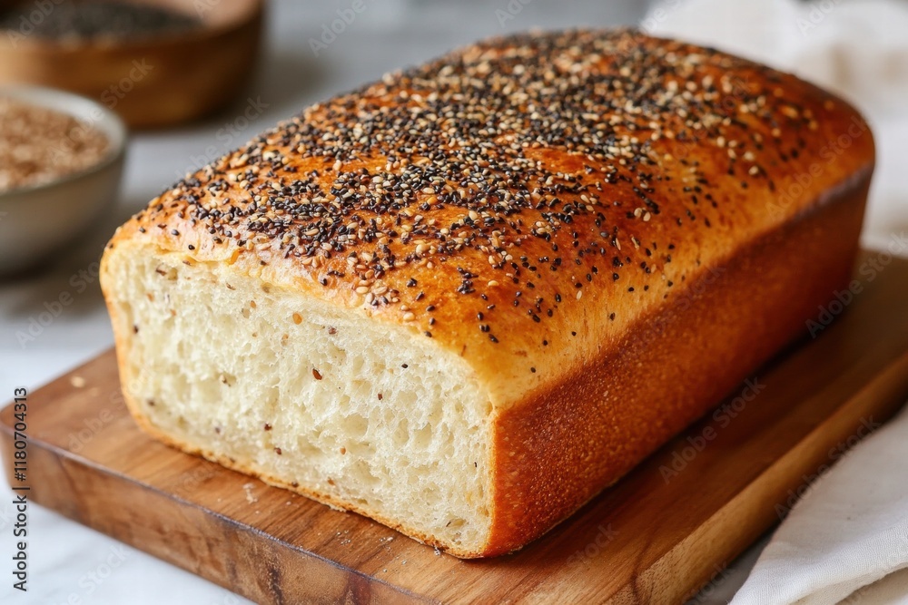Freshly Baked Loaf of Bread with Seeds on Rustic Wooden Board Freshly Baked Loaf of Bread with Seeds on Rustic Wooden Board