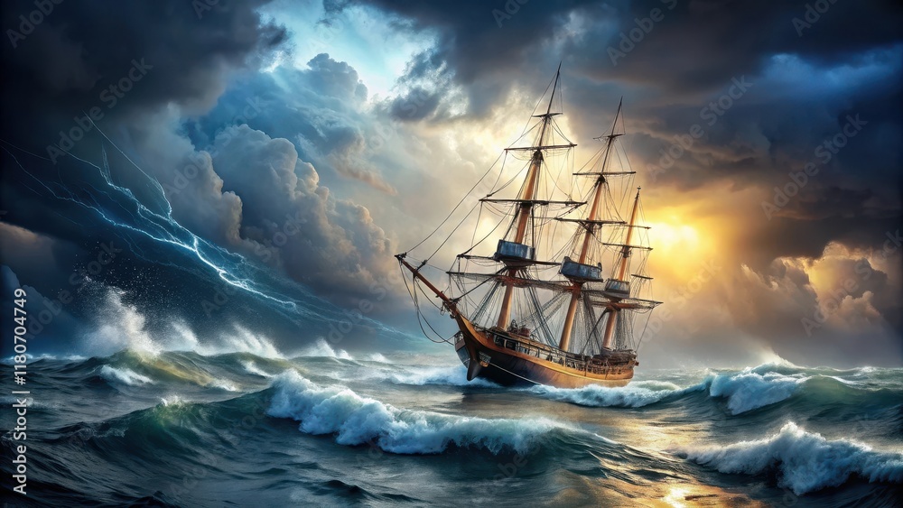 Obraz premium A Majestic Sailing Vessel Braving a Tempestuous Sea Under a Dramatic Sky