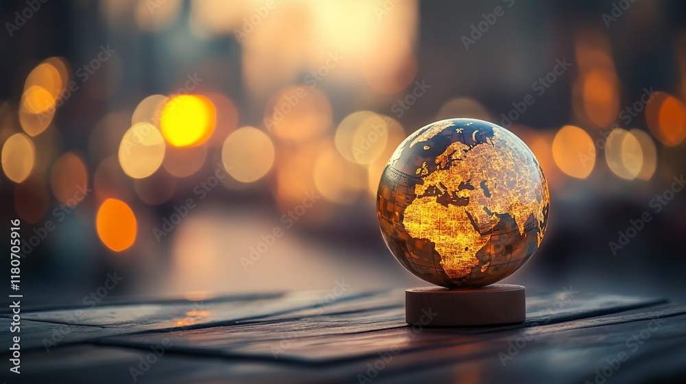 Illuminated globe on a wooden surface with blurred city lights background. Illuminated globe on a wooden surface with blurred city lights background.