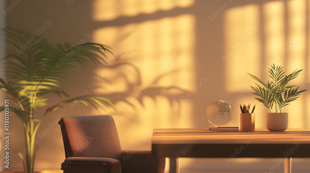 cozy home office featuring a desk with a comfortable office chair, warm lighting, and a potted plant cozy home office featuring a desk with a comfortable office chair, warm lighting, and a potted plant