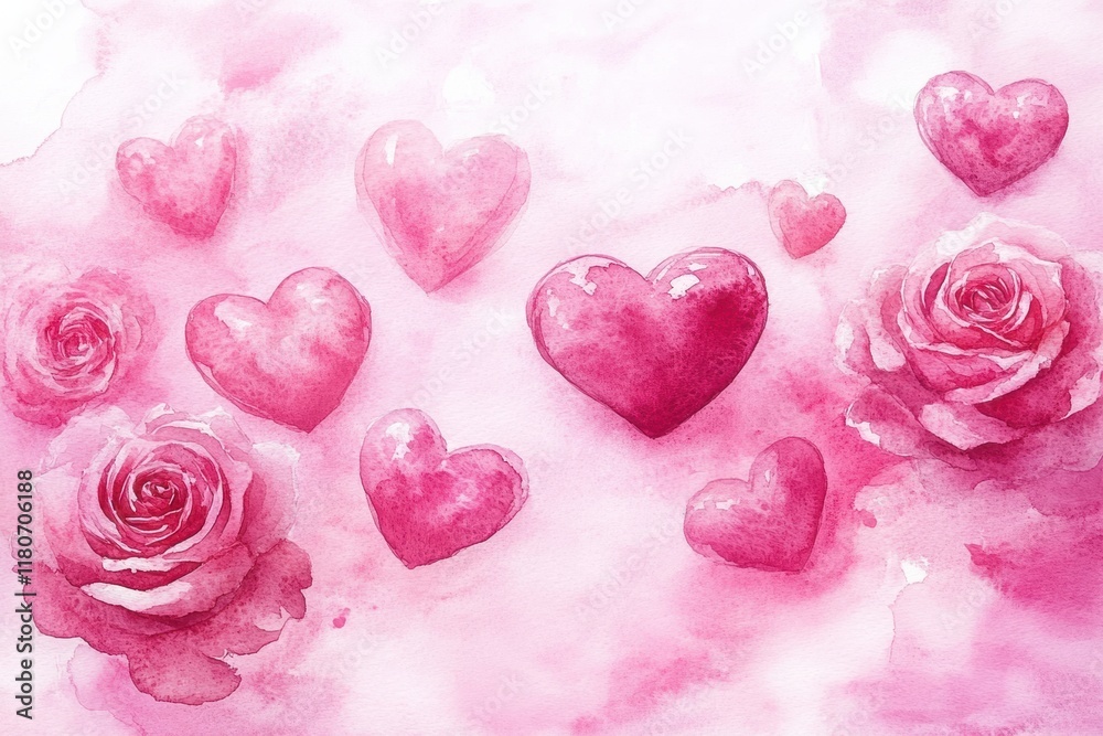Hand Painted Watercolor Hearts and Roses in Soft Pink Background Hand Painted Watercolor Hearts and Roses in Soft Pink Background