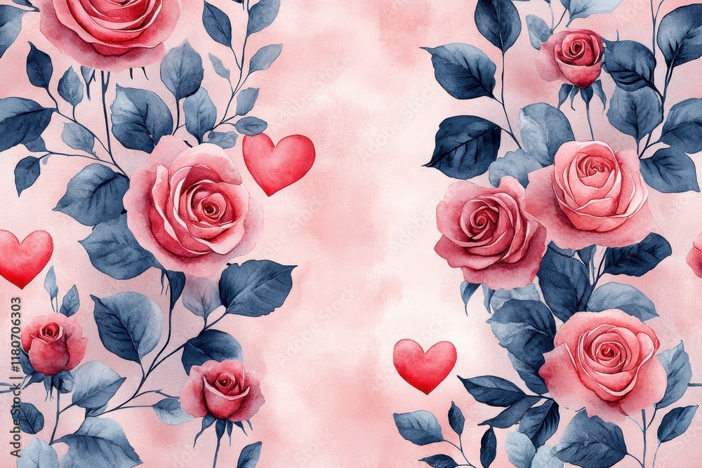 Fototapeta premium Hand Painted Watercolor Hearts and Roses in Soft Pastel Background