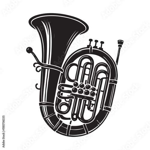 Euphonium Silhouette Vector Illustration, Solid White Background.