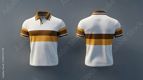 Stylish men's polo shirt mockup, front and back view, showcasing a white base with brown and gold horizontal stripes. Ideal for apparel design and branding.