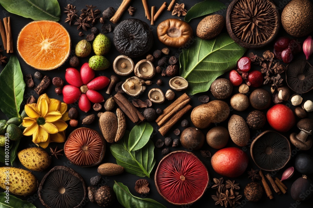 Vibrant Selection of Spices, Herbs, and Fruits on Dark Background Vibrant Selection of Spices, Herbs, and Fruits on Dark Background