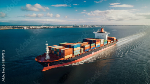 Cargo ship navigating through calm waters under blue sky with clouds, transporting containers on trade route across the ocean