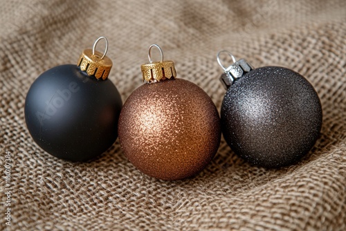 Elegant Christmas Ornaments in Black, Bronze, and Silver on Burlap