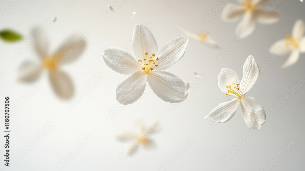 Fototapeta premium Delicate white flowers gently float, petals scattering. Perfect for beauty, spa, or serenity themes; evokes peace.